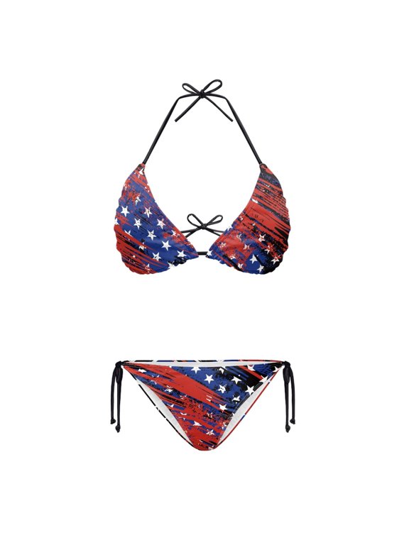 Plus Size Quick Drying Ladies American Flag Print Two Piece Bikini Swimsuit Set Halter String Tie Side Bathing Suit Women's Swimwear