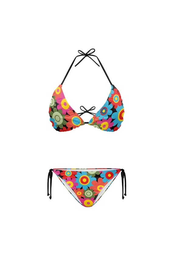 Plus Size Quick Drying Ladies Retro Floral Print Two Piece Bikini Swimsuit Set Halter String Tie Side Bathing Suit Beach Swimwear