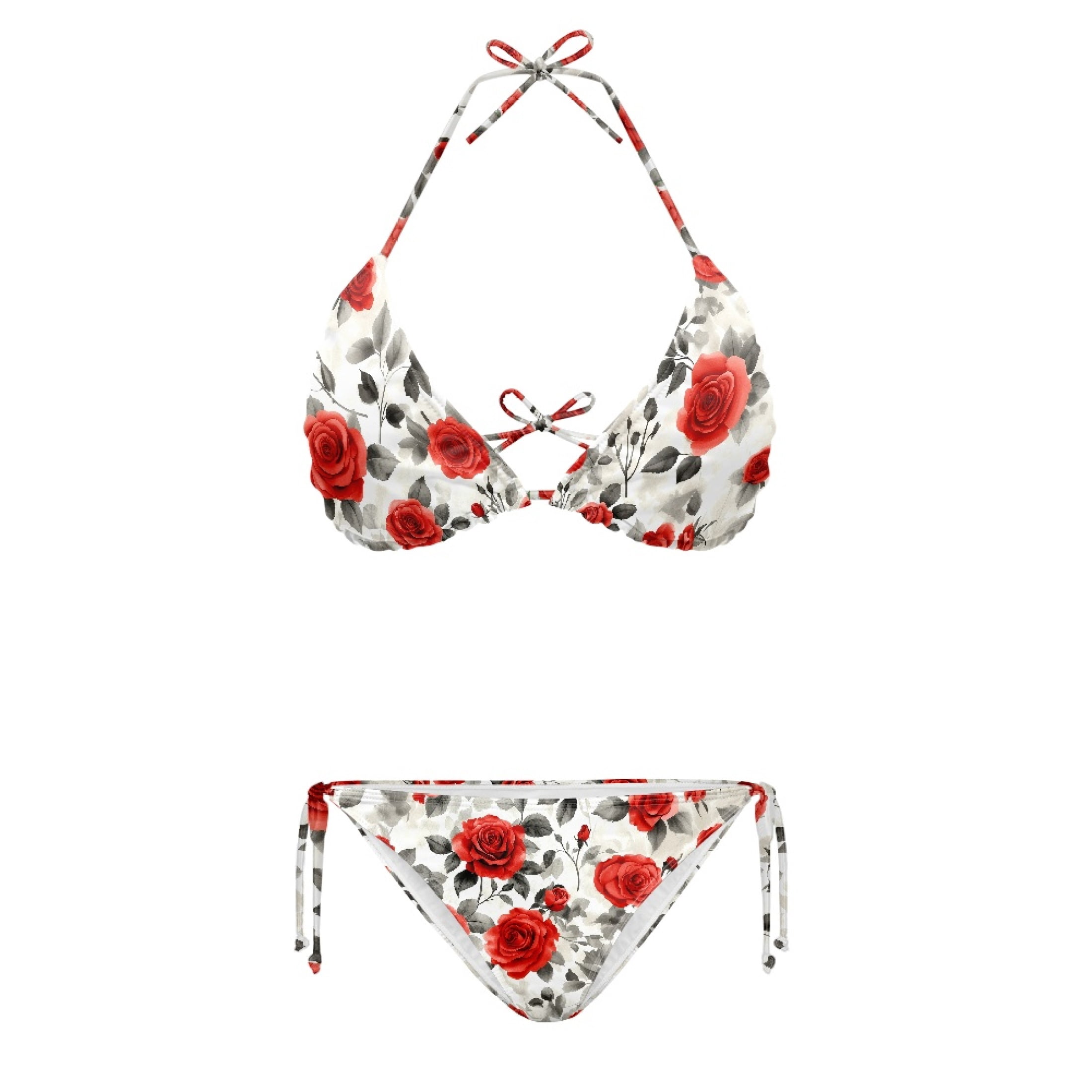 HELLHERO Plus Size Red Rose Print Two Piece Bikini Set Adjustable ...