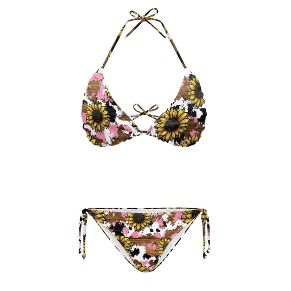 HELLHERO Plus Size Sunflower Print Two Piece Ladies Bikini Set Quick Drying Halter Side Tie Bathing Suits Swimwear for Women for Summer Beach Pool