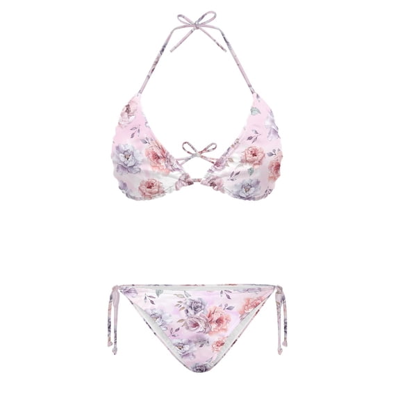 HELLHERO Plus Size Swimwear Pink and Purple Roses Plus Size Design Backless Breathable Women Casual Bikini Set