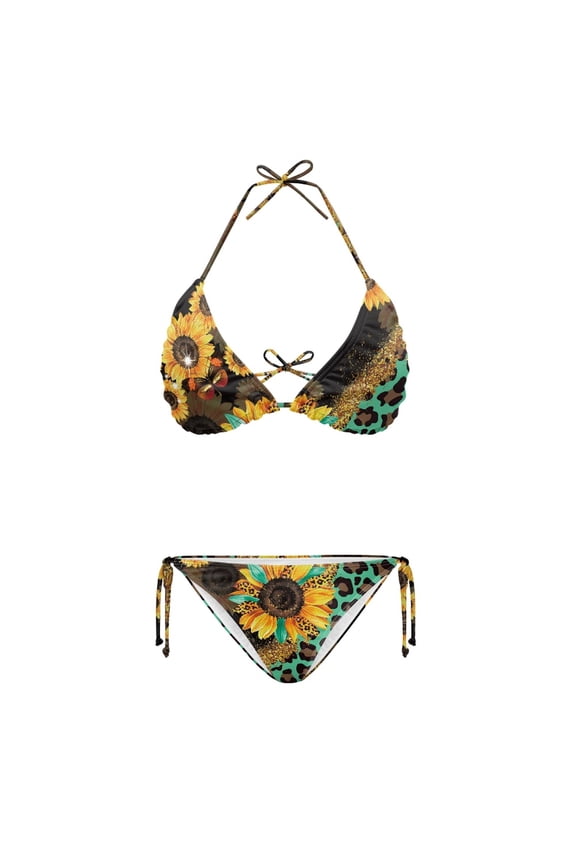 Plus Size Women's Sunflower Leopard Print Two Piece Bikini Set Quick Drying Halter Ladies Bathing Suit Summer Swimwear for Beach Pool