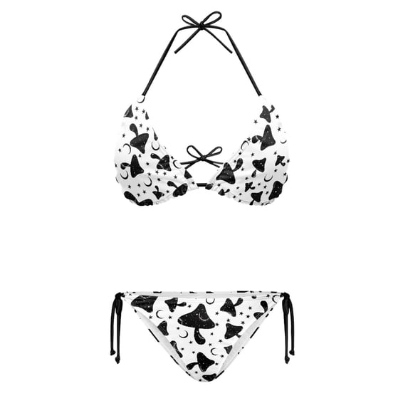 HELLHERO Plus Size Women's Two Piece Bikini Set Black Mushroom Moon Star Print Quick Drying Halter Ladies Bathing Suit Adjustable String Swimwear