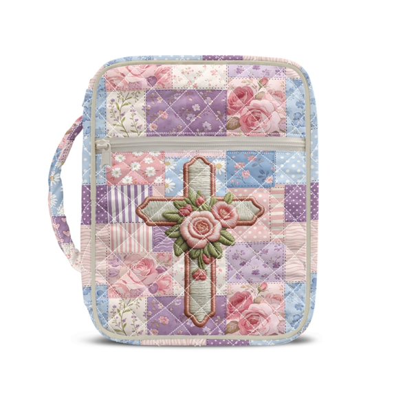 HELLHERO Pocket Quilted Bible Cover for Men, Handle Lightweight Bible Cover Case Stretch Polyester Bible Holder Case Rose and Daisy Design
