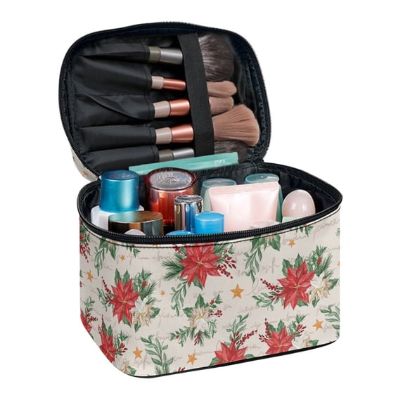 HELLHERO Poinsettia Pattern Portable Cosmetic Bag Organizer 8.86 x 6.5 x 5.9 Inches Storage Pockets Friend with Large Capacity Daily Work