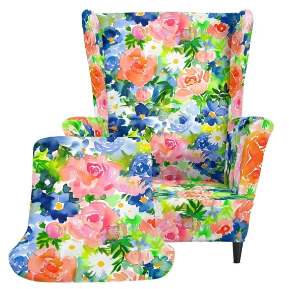 HELLHERO Polyester 2 Piece Set Wingback Chair Covers for Living Room, Elastic Bottom Non-slip Single Seat Armchair Cover, Watercolor Floral Print