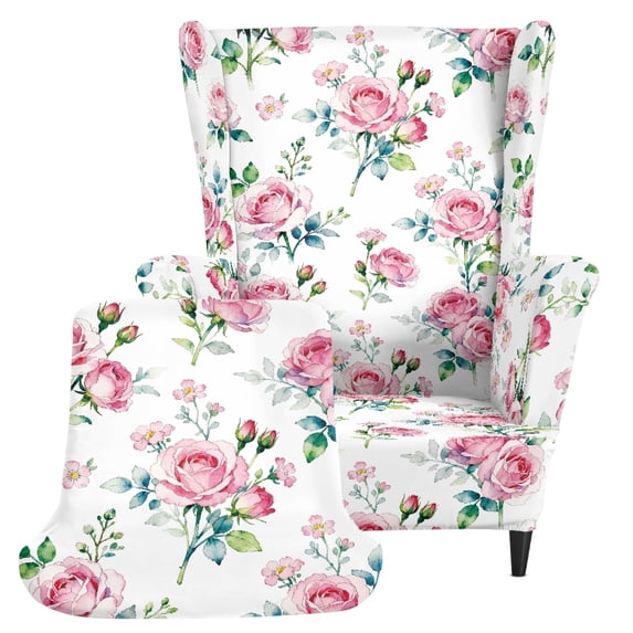 HELLHERO Polyester 2-Piece Wingback Chair Cover for Living Room, with Elasstic Bottom Soft Single-Seat Wingback Armchair Covers, Watercolor Pink Rose Floral Print