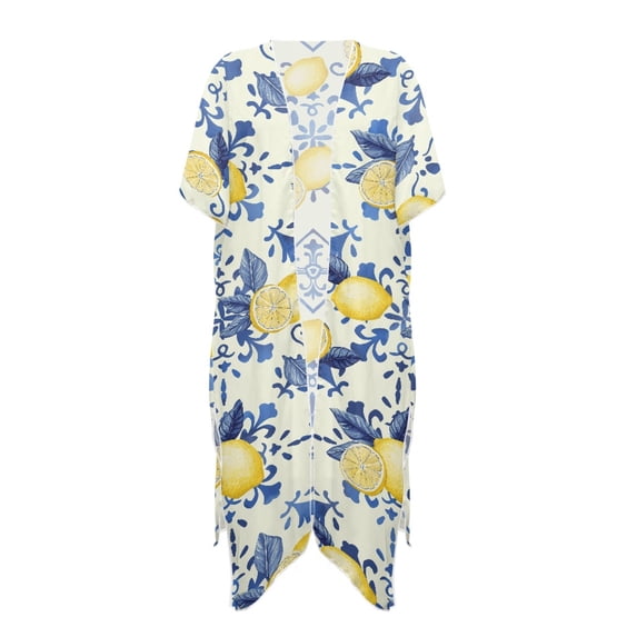 HELLHERO Polyester Bathing Suit Cover Up for Hawaii Quick Dry Long Cardigan Lemon Pattern
