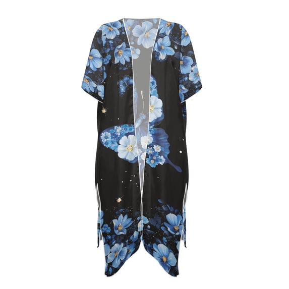 HELLHERO Polyester Bathing Suit Cover Up for Summer Half Sleeve Free Size Long Kimono Swimsuit Cover Up Butterfly and Floral Pattern Design