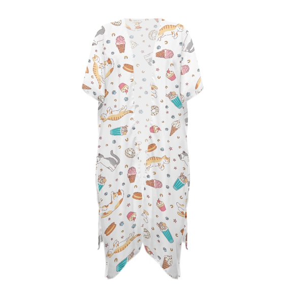 HELLHERO Polyester Bathing Suit Cover Up for Summer Lightweight Free Size Beach Cover Up Cat and Donut Design
