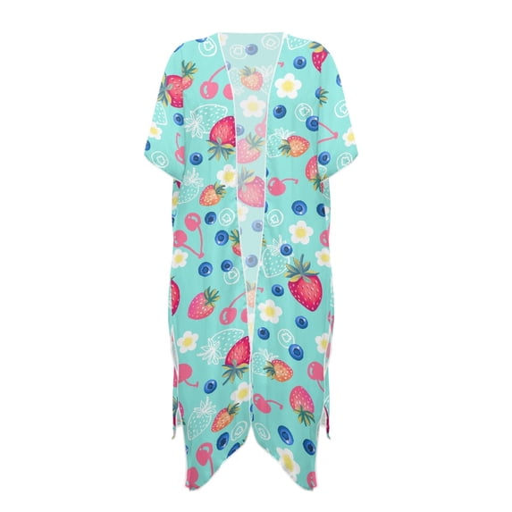 HELLHERO Polyester Bathing Suit Cover Up for Summer Long Free Size Long Kimono Cover Ups for Swimwear Women Fruit Floral Pattern