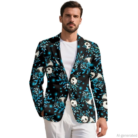 HELLHERO Polyester Blazer Suit Jacket for Prom Office, Slim Fit Single Button Men Suit Set, Panda Blue Leaves Pattern