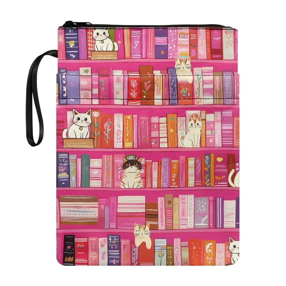 HELLHERO Polyester Book Sleeve Protector Pouch for Friend Gift for Textbook Paperbacks Supplies Handle, Cat & Bookshelf Scene