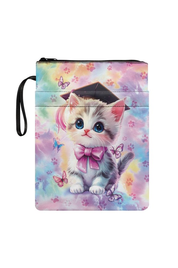 Polyester Book Sleeve Protector for Book Lovers Gift for Class Office Pocket Decorative Design, 11.4 Inch X 8.66 Inch, Graduation Cat