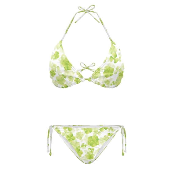 HELLHERO Polyester Fabric Bathing Suit for Beach Spaghetti Strap Comfortable Women Casual Bikini Set Clover Print Pattern