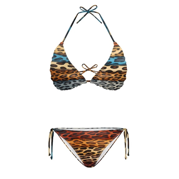 HELLHERO Polyester Fabric Bathing Suit for Summer Removable Pad Two Piece Women Casual Bikini Set Leopard Print Mat