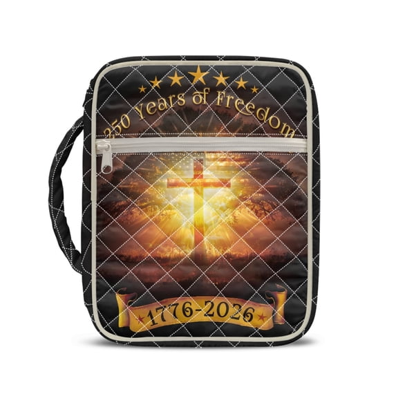 HELLHERO Polyester Fabric Bible Cover Case with Lightweight, 250 Years Of Freedom Print Durable Handle Zipper Pocket Quilted Bible Cover Case for Scripture Study
