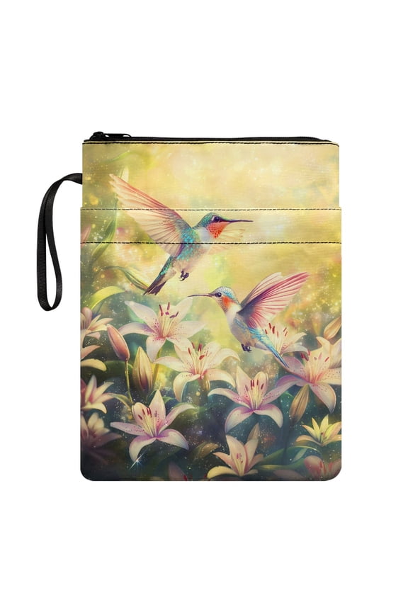 Polyester Fabric Book Organizer Bag for Friend - Book Club Gifts for Bible or Book Pocket, 11.4 Inch X 8.66 Inch, Hummingbirds and Lilies