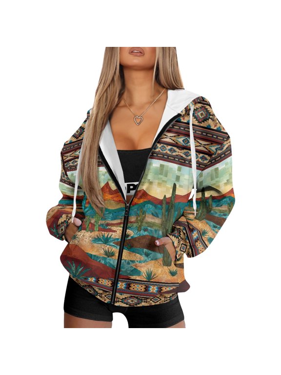 Polyester Fabric Cropped Hoodie with Ultra‑Soft, Desert Landscape Pattern Drawstring Hood Track Jacket for Fall Winter