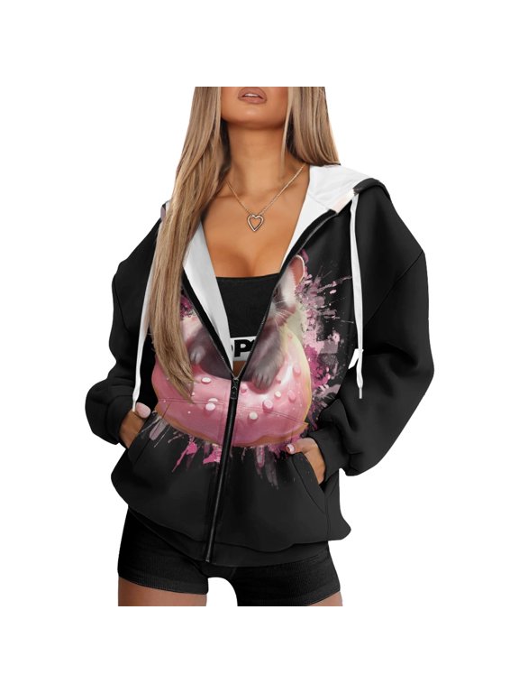 Polyester Fabric Full Zip Hoodie for Fall Winter, Drawstring Stretch Active Hoodie, Panda In Donut