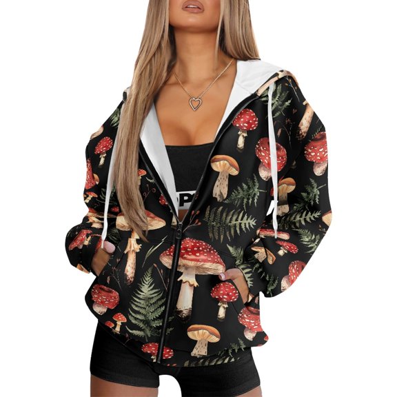 HELLHERO Polyester Fabric Hoodie Jacket for Fall Vacation, with Pockets Stretchy Full Zip Hoodie, Mushrooms Pattern