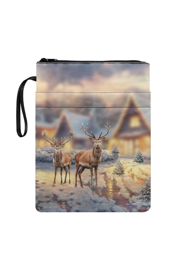 Polyester Fabric Notebook Wraps for Reader Retro for Class Office Pocket Decorative Design, Two Deer in Snow Village