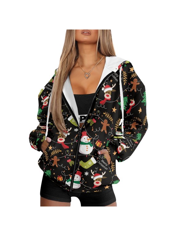 Polyester Fabric Track Jacket for Fall Work, Drawstring Ultra‑Soft Zip Up Jacket, Christmas