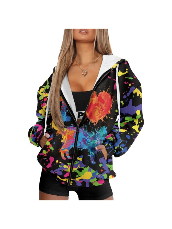 Polyester Fabric Womens Zip Up Hoodies for Fall Workout, Adjustable Drawstring Hood with Pockets Sweatshirts, Colorful Paint Splatter