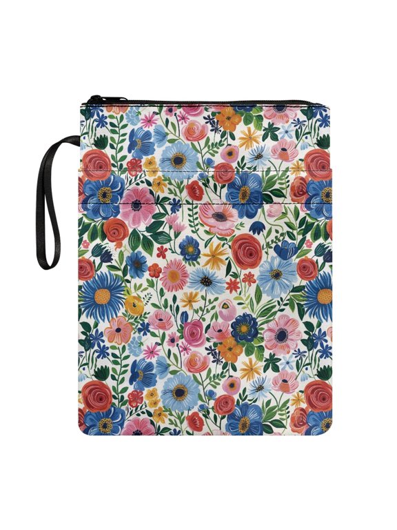 Polyester Fabric Zipper Bag for Reader Gift Bag for Journal Lightweight, White Multicolor Camellias Pouch