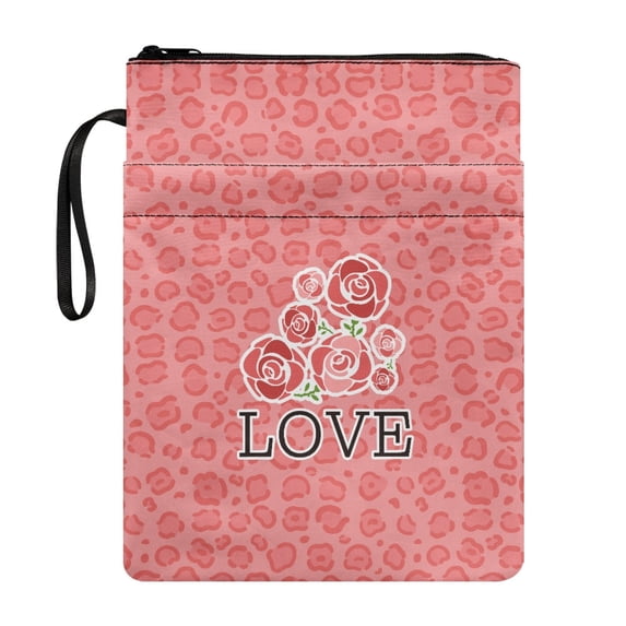 HELLHERO Polyester Fabric Zipper Bag for Reading Lovers Book Lovers Gift for Travel Lightweight, Pink Leopard Roses LOVE