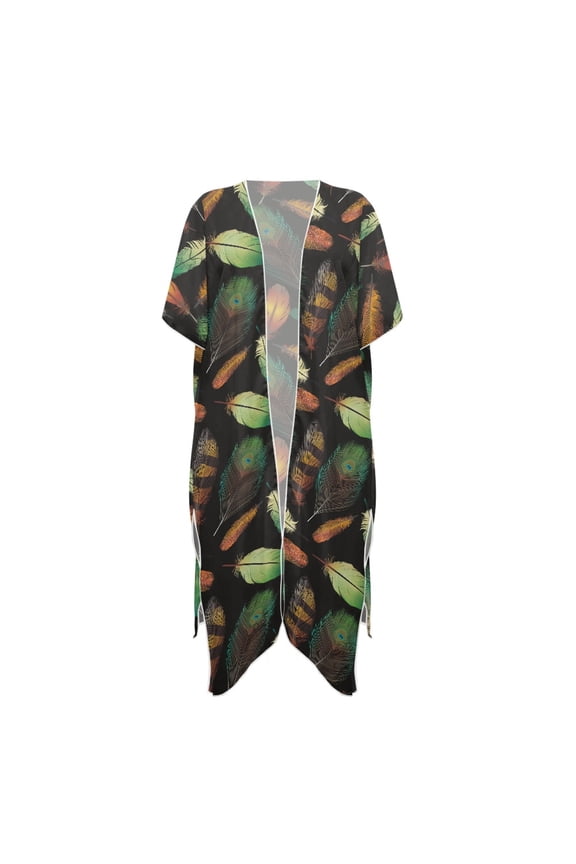 Polyester Long Kimono Swimsuit Cover Up for Beach Cardigan Lightweight Feathers