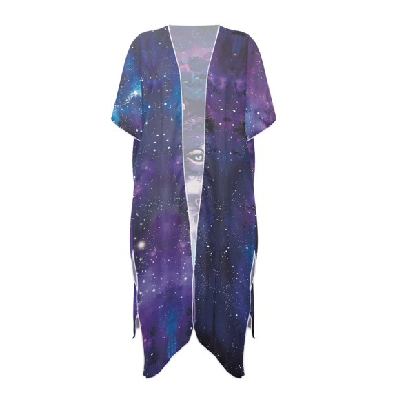 HELLHERO Polyester Long Kimono Swimsuit Cover Up for Beach Casual Loose Free Size Beach Kimono Galactic Wolf