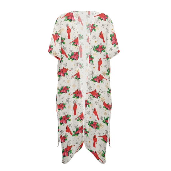 HELLHERO Polyester Long Kimono Swimsuit Cover Up for Beach Comfort Breathable Poinsettia Pattern