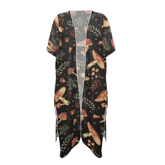 HELLHERO Polyester Long Kimono Swimsuit Cover Up for Beach Comfort Stylish Mushrooms Forest Flora