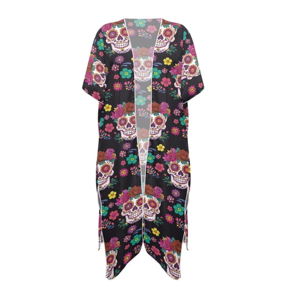 HELLHERO Polyester Long Kimono Swimsuit Cover Up for Beach Lightweight Short Sleeve Sugar Skull Print