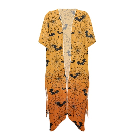 HELLHERO Polyester Long Kimono Swimsuit Cover Up for Beach Loose Half Sleeve Spiderweb Halloween