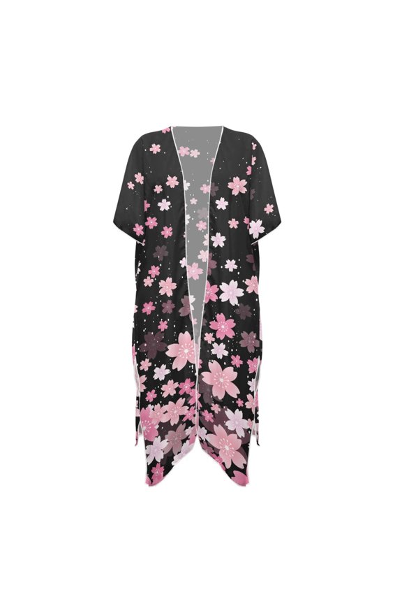 Polyester Long Kimono Swimsuit Cover Up for Beach Loose Short Sleeve Cherry Blossom