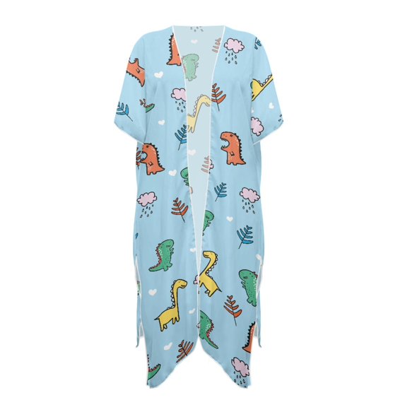 HELLHERO Polyester Long Kimono Swimsuit Cover Up for Beach Premium Lightweight Dinosaur and Giraffe Pattern