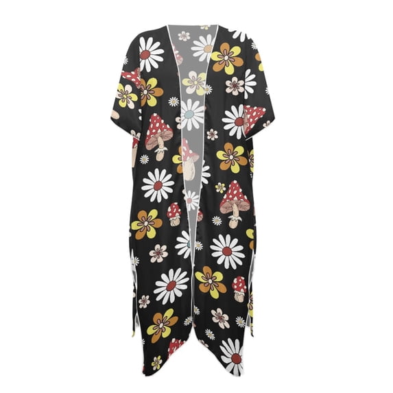 HELLHERO Polyester Long Kimono Swimsuit Cover Up for Beach Quick Dry Casual Loose Floral & Mushroom Print
