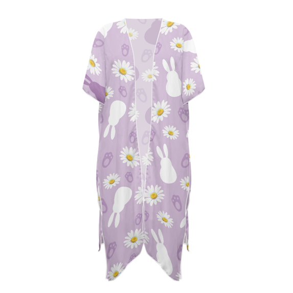 HELLHERO Polyester Long Kimono Swimsuit Cover Up for Beach Quick Dry Free Size Bathing Suit Cover Up Lavender Bunny Daisy