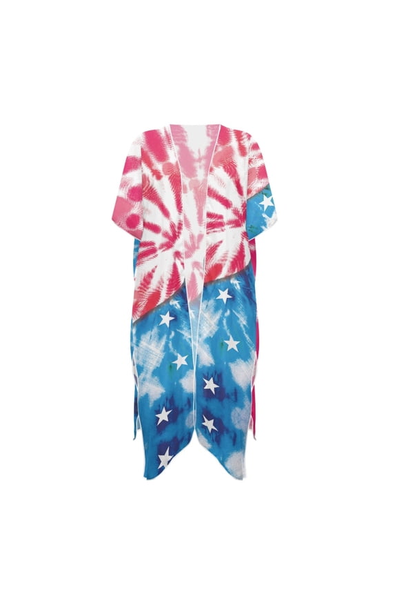 Polyester Long Kimono Swimsuit Cover Up for Beach Short Sleeve Breathable Tie-Dye Stars & Stripes