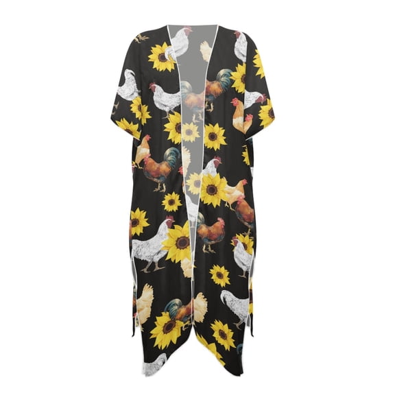 HELLHERO Polyester Long Kimono Swimsuit Cover Up for Beach Short Sleeve Casual Chicken