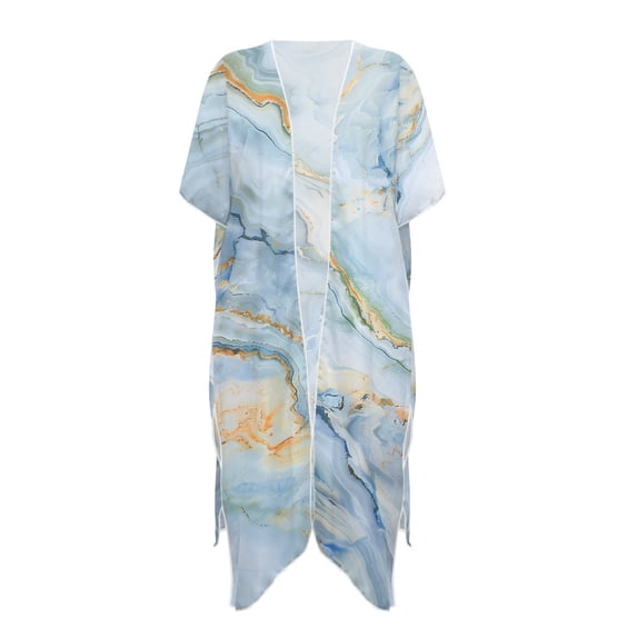 HELLHERO Polyester Long Kimono Swimsuit Cover Up for Pool Party Casual Lightweight Marble Grain