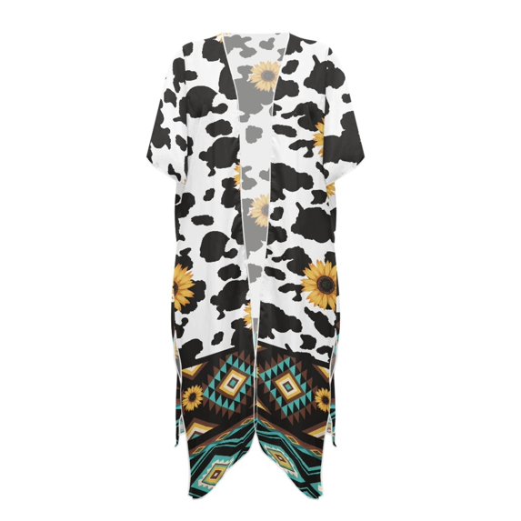 HELLHERO Polyester Long Kimono Swimsuit Cover Up for Summer Casual Lightweight Sunflower Cowprint