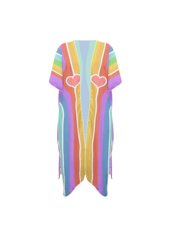 Polyester Long Kimono Swimsuit Cover Up for Trips Casual Quick Dry Ladies Rainbow Stripe Heart Print