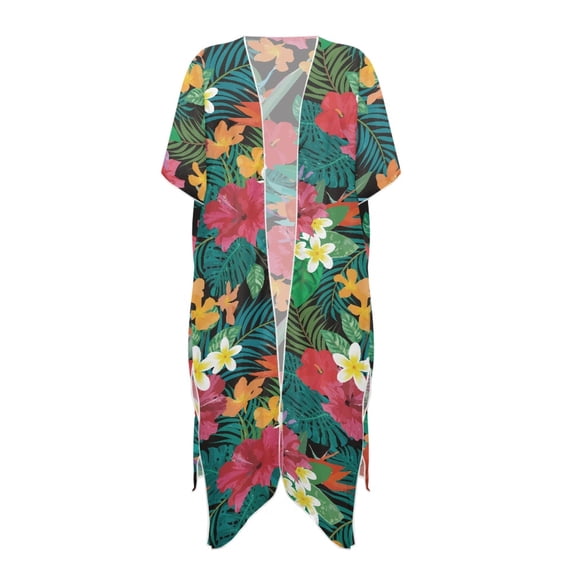 HELLHERO Polyester Long Kimono Swimsuit Cover Up for Vacation Cardigan Lightweight Tropical Floral Print