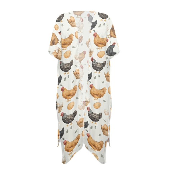HELLHERO Polyester Long Kimono Swimsuit Cover Up for Vacation Lightweight Quick Dry Chicken Eggs