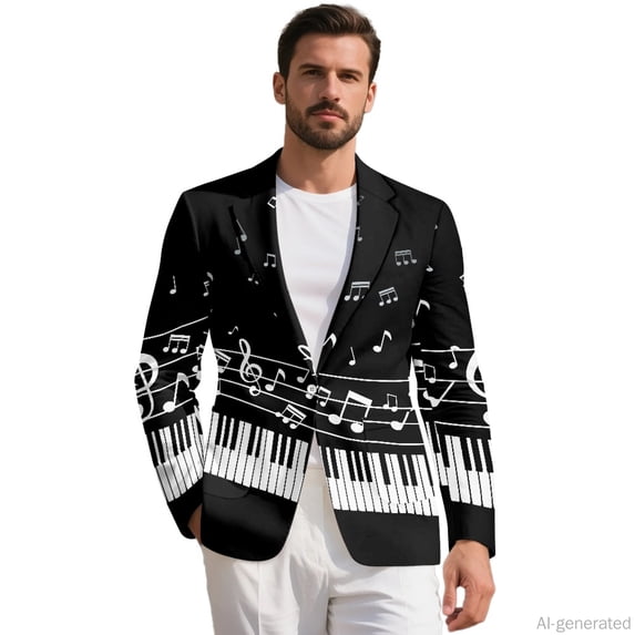 HELLHERO Polyester Men's Suit Jackets for Summer Daily, Slim Fit Solid Casual Sport Coats, Piano Keys Musical Notes