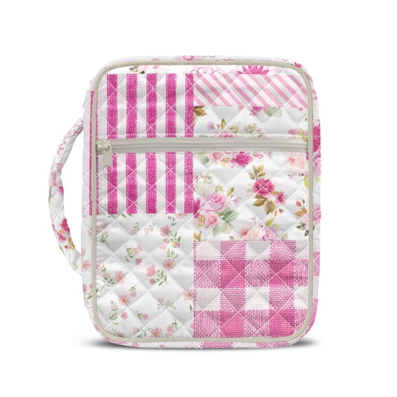 HELLHERO Polyester Quilted Bible Cover with Easy to Carry, Pink Floral Patchwork Print Handle Lightweight Bible Cover Case for Daily Use