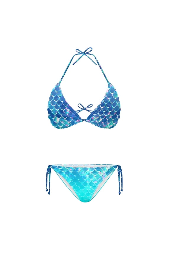 Polyester Spandex Bathing Suit for Suitable for Most Occasions Removable Pad Two Piece Halter Bikini Set Fish Scale Pattern